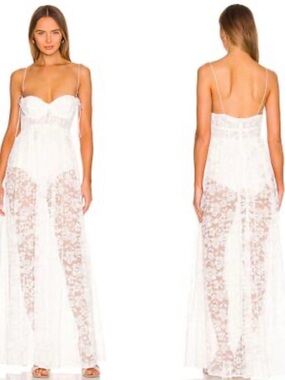 For Love & Lemons White Lace Sheer Maxi Dress with Spaghetti Straps